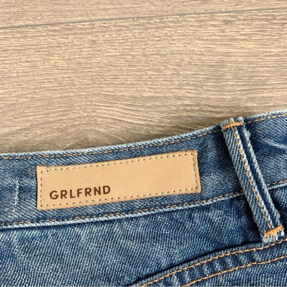 Revolve GRLFRND Eva Mini Denim Skirt A-Frame Gusset Distressed Medium Wash - Picture 10 of 13